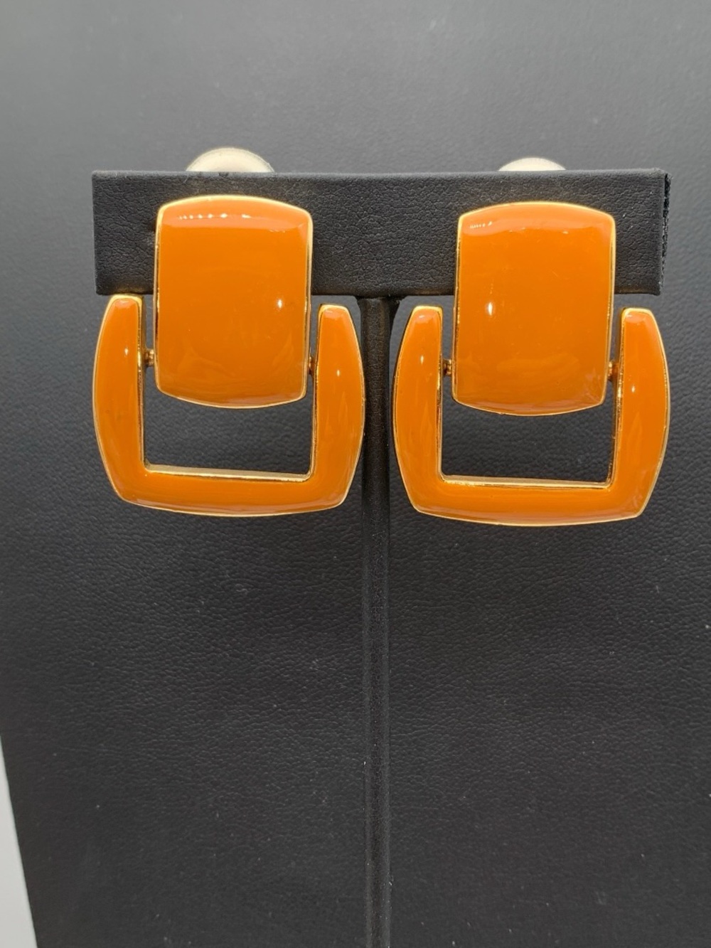 Vintage Autumn Orange Geometric Drop door knocker style clip on Earrings
